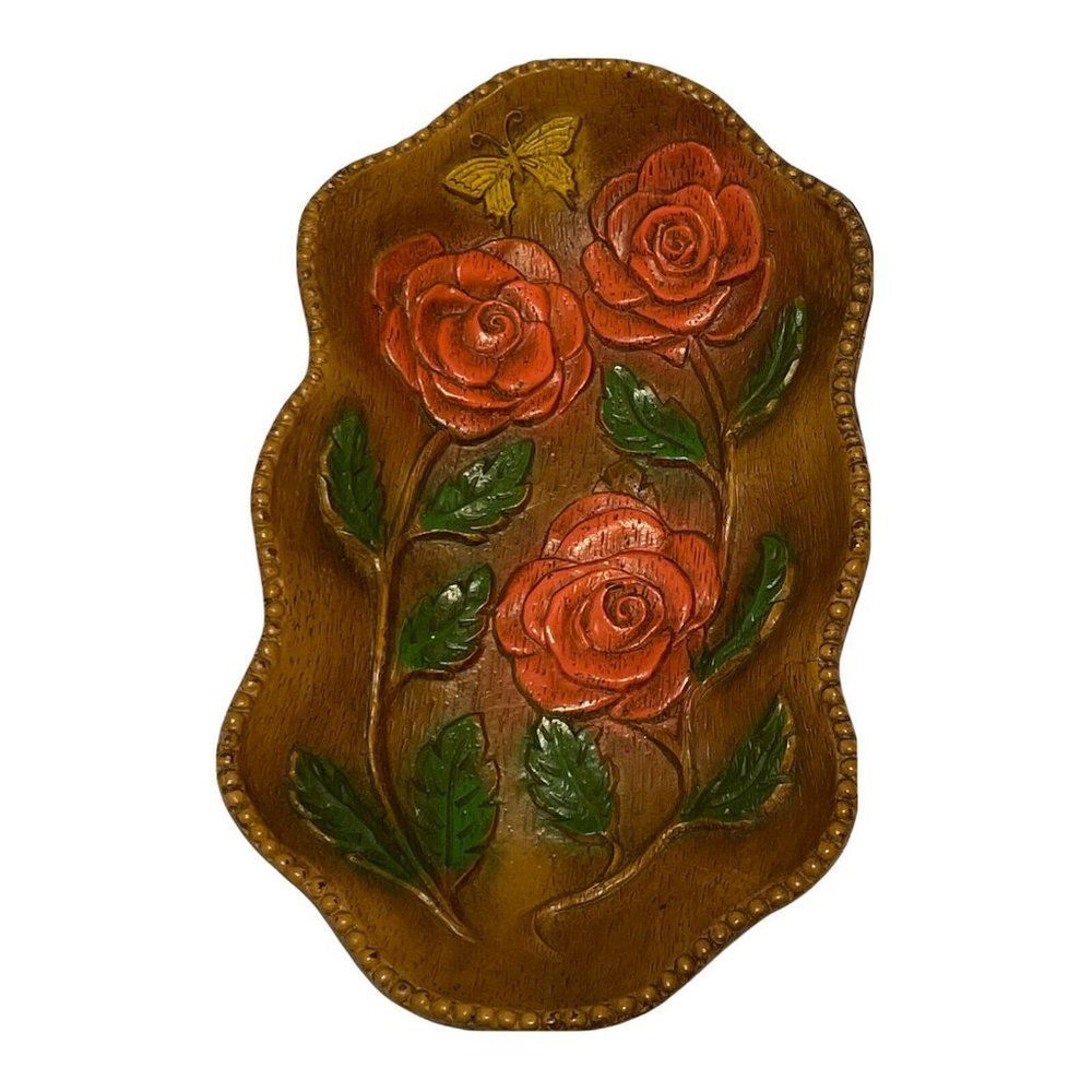Vintage multi product inc faux wood resin dish bowl roses Flowers butterfly USA